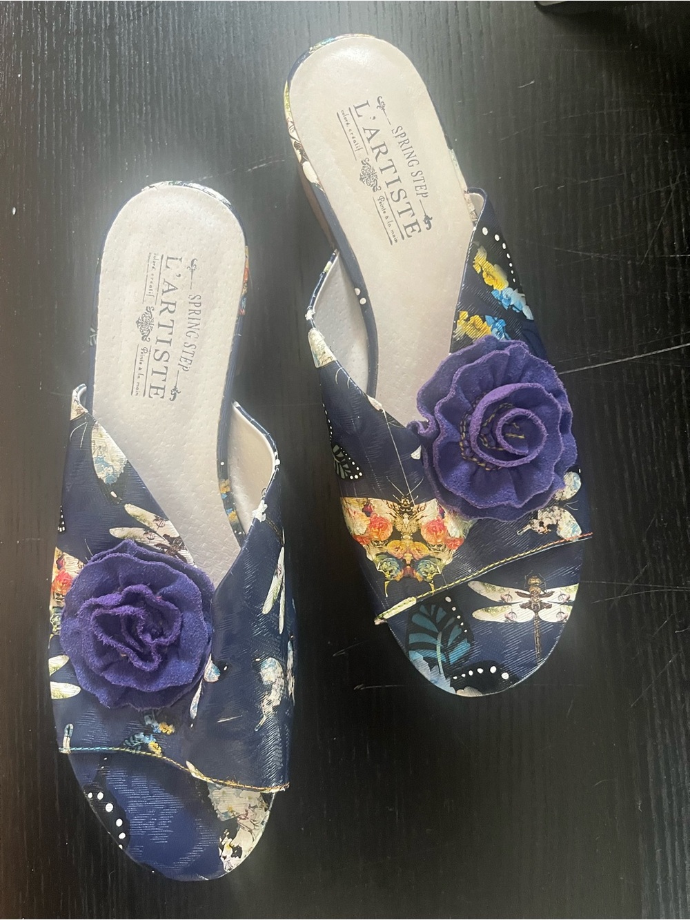 L'ATISTE Navy Floral Slide Mules with Purple Rosette